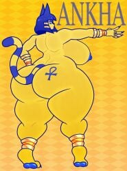 animal_crossing ankha ankha_(animal_crossing) big_ass big_breasts blue_eyes blue_hair cat_ears cat_humanoid cat_tail catgirl dapper_little_arts feline female gold_(metal) looking_back mommy painted_nails solo tail wide_hips yellow_body