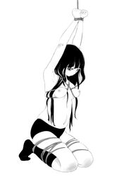 9aki arms_up black_and_white bondage breast_bondage breasts buruma copyright_request female footwear monochrome nipples rope socks