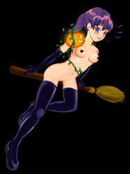 breasts broom broom_riding cleavage female gloves highres mdnsavior pumpkin purple_hair pussy thighhighs uncensored vines witch