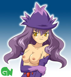 breasts cosplay costume cute gloves greenninja hat mismagius personification pokemon pokemon_(species) pokemon_dppt purple_hair smile straight_hair topless witch witch_hat yellow_eyes