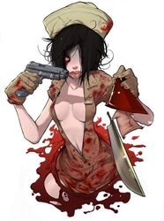 1girls black_hair blade blood breasts creepy demon_nurse gloves hat licking_lips nurse nurse_(silent_hill) pistol pyramid_head red_eyes silent_hill silent_hill_2 silent_hill_3 solo