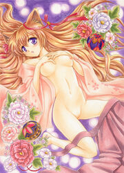 bell blue_eyes blush breast_suppress breasts brown_hair female flower hair_ribbon japanese_clothes jingle_bell kimono long_hair mito_mashiro nipples open_clothes open_mouth open_shirt pemoko pointy_chin purple_eyes pussy ribbon shirt solo tayutama temari_ball traditional_media uncensored