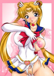 bishoujo_senshi_sailor_moon blonde_hair blue_eyes blush breasts censored choker highres large_breasts large_nipples nipples onizuka_takuto sailor_fuku sailor_moon tied_hair torn_clothes twintails usagi_tsukino