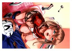 aqua_eyes ball breasts female male nishieda original paizuri penis soccer_ball straight sweat tied_hair toilet twintails uncensored