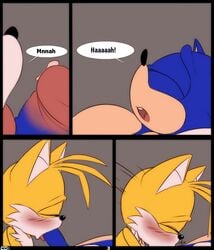 2015 blue_fur blush closed_eyes comic crazedg fellatio fur furry hedgehog licking male male_only mammal multiple_males oral penis precum sex sonic_(series) sonic_the_hedgehog tails text tongue tongue_out yaoi