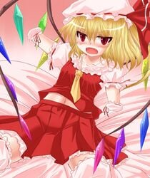 amputee angry blonde_hair blush fangs flandre_scarlet hat open_mouth pillow quadruple_amputee red_eyes shimo_(depthbomb) sitting skirt touhou wings