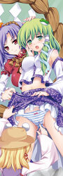 blush breasts clothing detached_sleeves erect_nipples female female_only fingering fingering_through_clothes from_below green_eyes green_hair hand_on_head human incest kanako_yasaka midriff multiple_females multiple_girls panties purple_hair red_eyes sanae_kochiya shimenawa siblings sister sisters skirt skirt_lift striped striped_panties suwako_moriya through_clothes tomusooya touhou underwear yuri