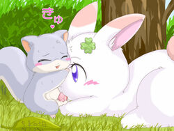 blue_eyes blush bunny clover fellatio furry grass happy_happy_clover japanese leaf oral paws penis precum rabbit rodent saliva squirrel sweat tree