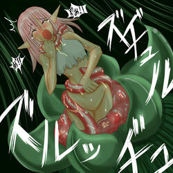 blush bottomless breasts cleavage closed_eyes clothing female open_mouth pink_hair plant plant_vore pointy_ears short_hair tentacle tentacle_around_neck torn_clothes vines vore