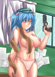 ammunition_belt breasts gun handgun jiete large_breasts nipples nitori_kawashiro panties pistol side-tie_panties topless touhou underwear underwear_only weapon