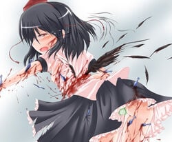 ass ass_focus back bird_girl blood clothing crying crying_in_pain crying_with_eyes_open dress dress_lift feathers flat_chest gore guro hat injured injury knife open_mouth pain panties ryona shameimaru_aya shimo_(depthbomb) shredded_clothes shreds_of_clothes tears tokin_hat torn_clothes torn_clothing touhou wings