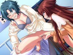 2girls bed black_rainbow blush bra breasts brown_hair censored cleavage clenched_teeth closed_eyes eye_patch female fingering game_cg green_hair kasukabe_hina long_hair multiple_girls no_panties official_art open_clothes open_mouth open_shirt shirt short_hair soukan_yuugi_2 souma_misaki sweat toes wet yoshino_keiko yuri