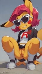 1girls ai_generated alternate_costume crouching female female_only game_freak legs_apart nintendo no_panties pikachu pokemon pokemon_(species) presenting presenting_pussy pussy scalieton self_upload smile sunglasses team_rocket team_rocket_uniform