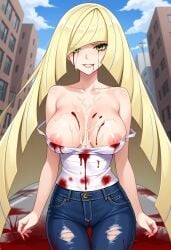 ai_generated blonde_hair blood blood_on_clothing blood_on_face civitai cum cum_on_body cum_on_breasts damaged_clothes green_eyes jeans long_hair lusamine_(pokemon) nipple_slip nipples pokemon ripped_clothing ripped_clothing tank_top tanktop white_tank_top