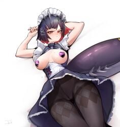 angry arms_behind_head arms_up big_breasts covered_nipples ellen_joe from_below int_cc_ looking_at_viewer maid maid_uniform no_panties pantyhose pov shark_girl shark_tail skirt_lift white_background zenless_zone_zero