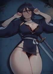 1girls 2d ai_generated ass before_sex big_ass big_breasts black_legwear bleach bleach:_the_thousand-year_blood_war bra breasts clothed clothing female floor huge_ass huge_breasts kuchiki_rukia looking_at_viewer lying panties ripped_clothing submissive thick_thighs thighs torn_clothes
