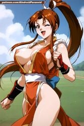 1990s_(style) 1girls ai_generated aindroidparanoid big_breasts blush blushing_at_viewer breasts brown_eyes brown_hair erect_nipples erect_nipples_under_clothes fatal_fury female female_focus female_only field_background hair_ribbon high_resolution highres huge_breasts king_of_fighters kunoichi light-skinned_female long_hair looking_at_viewer mai_shiranui nipples no_bra perky_breasts ponytail revealing_clothes shiny_skin smiling snk soft_breasts solo solo_female solo_focus