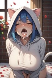 after ai_generated animal at bangs blue blush breasts cum ear eyes feline fellatio female hair half-closed hood hoodie in indoors juswa large long looking mouth on open out petals sleeves solo tail tongue viewer white