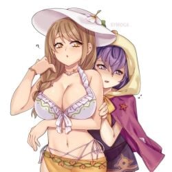 2girls :o ? alternate_costume arm_grab arm_under_breasts bernadetta_von_varley bernadetta_von_varley_(summer) bikini braid breasts brown_hair cape cleavage female female_only fire_emblem fire_emblem:_three_houses fire_emblem_engage fire_emblem_heroes flower goldmary_(fire_emblem) goldmary_(summer)_(fire_emblem) grey_eyes hair_over_shoulder hat hat_flower hiding highres hood jewelry large_breasts long_hair mole mole_on_breast multiple_girls navel necklace nintendo official_alternate_costume open_mouth purple_bikini purple_hair purple_swimsuit sarong see-through shell shy side_ponytail simple_background star_(symbol) sun_hat swimsuit symoca white_background white_bikini white_swimsuit yellow_eyes yellow_sarong