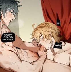 2boys abs alhaitham_(genshin_impact) big_penis blonde_hair blowjob blush cock cum cum_in_mouth cumming english english_text eriimyon gay genshin_impact gray_hair green_eyes kaveh_(genshin_impact) muscular muscular_male penis sucking sucking_penis veiny_penis yaoi