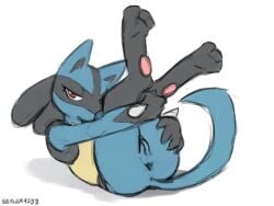 2024 3_toes 4_fingers anthro anus blue_body blue_fur blue_tail feet female female_lucario fingers fur generation_4_pokemon genitals legs_up looking_at_viewer lucario lying nintendo nude on_back pokemon pokemon_(species) pussy red_eyes sealer4258 simple_background solo tail toes white_background