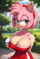 1girls ai_generated amy_rose anthro big_breasts breasts cleavage collarbone evofurryai female gigantic_breasts green_eyes huge_breasts large_breasts mobian_(species) pink_fur pink_hair red_dress sega solo solo_focus sonic_(series)