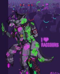 2012 abs ace_stryker anal anthro biting_lip blacklight blue_eyes brown_eyes brown_hair canine collar dancing erection fit fur furry gay glowstick hair male masturbation partially_clothed penetration penis purple_hair raccoon rave raver reach_around standing tongue wolf