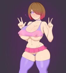 bete_noire brown_hair cleavage comission crop_top deadlocked02 fan_character female female_only g-string g3mma glitchtale heart large_breasts leaning_to_the_side looking_at_viewer microskirt midriff miniskirt nipple_bulge nipples peace_sign pink_eyes pink_hair pink_skirt pussy revealing_clothes see-through see-through_clothing skimpy_clothes skirt smile solo_focus stockings thighhighs thong tongue undertale undertale_au undertale_fanfiction voluptuous wide_hips