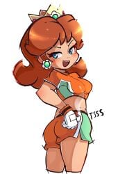 1girls ass big_ass big_breasts blue_eyes breasts brown_hair busty confident daisy&#039;s_hot_stuff_(trend) english_text female female_only gloves half-closed_eyes hand_on_hip highres large_breasts legs looking_at_viewer looking_back mario_(series) mario_strikers midriff nin10ja nintendo open_mouth orange_shorts pose posing princess_daisy seductive seductive_look seductive_smile sensual short_hair shorts sideboob smile sniffable_ass soccer soccer_uniform solo sportswear teeth thighs tongue