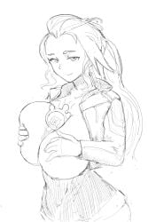 1girls ai:_the_somnium_files aiba_(ai:_the_somnium_files) andynoumousensfw between_breasts boss_(ai:_the_somnium_files) breasts female hands_on_breasts jacket large_breasts long_hair looking_at_viewer monochrome sketch smug solo_female solo_focus