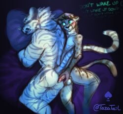 anthro ass balls blush bodily_fluids cheetah cum cum_on_butt duo fek felid feline fulmin_de_leon genital_fluids genitals hybrid inner_monologue khalo king_cheetah liger male male/male mammal pantherine penis sex sleep_sex sleeping sneaking sneaky tazatail