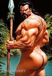 1boy abs ai_generated aigayfurry arm_hair ass ass_focus back back_hair back_muscles bara beard big_ass big_muscles big_nipples big_pecs black_hair chest_hair daddy dilf gay hair hairy hairy_ass hairy_chest hairy_male happy_trail huge_muscles human hunk kraven_the_hunter leg_hair long_hair male male_only marvel marvel_comics muscular muscular_human muscular_male nipples nude pecs penis pubic_hair signature solo spider-man_(series) water wet