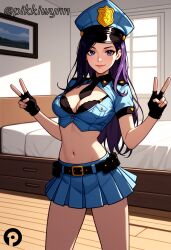 ai_generated bed belt between_breasts black_bra black_gloves blue_eyes blue_shirt blue_skirt bra bra_peek breasts caitlyn_kiramman cleavage closed_mouth cowboy_shot crop_top double_v female fingerless_gloves gloves hands_up hat indoors large_breasts league_of_legends lips long_hair looking_at_viewer medium_breasts midriff miniskirt navel necktie necktie_between_breasts pikkiwynn pillow pleated_skirt police police_hat police_uniform policewoman purple_hair shirt short_sleeves skirt smile solo standing stomach thighs underwear uniform v window