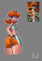 1girls artist_name ass ass_focus big_ass blue_eyes breasts brown_hair confident daisy's_hot_stuff_(trend) fat_ass female female_only gloves hand_on_hip highres large_breasts legs looking_at_viewer looking_back mario_(series) mario_strikers midriff nintendo open_mouth orange_shorts pose posing princess_daisy sensual short_hair shorts sideboob smile soccer soccer_uniform solo sportswear thighs