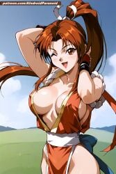 1990s_(style) 1girls ai_generated aindroidparanoid big_breasts blush blushing_at_viewer breasts brown_eyes brown_hair erect_nipples erect_nipples_under_clothes fatal_fury female female_focus female_only field_background hair_ribbon high_resolution highres huge_breasts king_of_fighters kunoichi light-skinned_female long_hair looking_at_viewer mai_shiranui no_bra perky_breasts ponytail revealing_clothes shiny_skin smiling snk soft_breasts solo solo_female solo_focus