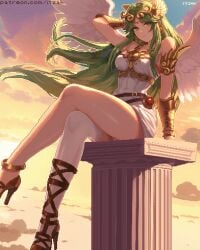 angel_wings bare_shoulders collarbone commentary crossed_legs dress earrings english_commentary feathered_wings female forehead_jewel green_eyes green_hair itzah jewelry kid_icarus long_hair medium_breasts nintendo palutena pixel_art single_thighhigh sitting stockings strapless strapless_dress white_dress white_thighhighs white_wings wings