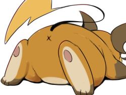 2018 4:3 anus featureless_crotch generation_1_pokemon japanese_description lying male nekonohige nintendo on_front pawpads pokemon pokemon_(species) raichu rear_view simple_background solo tail white_background x_anus