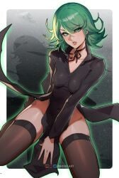 1girls bare_thighs blush clothed clothing color female female_focus female_only green_eyes green_hair hi_res inhoso light-skinned_female light_skin looking_at_viewer one-punch_man short_hair small_breasts solo solo_female stockings tagme tatsumaki thick_thighs