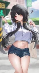 2d belly belly_button black_hair clothed date_a_live exposed_torso heterochromia light-skinned_female red_eyes shorts thighs tokisaki_kurumi