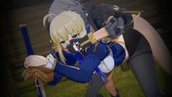 1girls 3d artoria_pendragon blonde_hair caelus_(honkai:_star_rail) clothed_sex fate/stay_night fate_(series) female from_behind healerforyou honkai:_star_rail saber sword tights