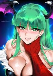 1boy 1girls ai_generated big_breasts breasts choking cleavage crossover darkstalkers eastern_and_western_character female green_eyes green_hair head_wings heart heart-shaped_pupils huge_breasts jarentr large_breasts long_hair looking_at_viewer looking_pleasured male marvel marvel_comics marvel_vs._capcom morrigan_aensland neck_grab pov smile spider-man spider-man_(series) strangling succubus throat_grab