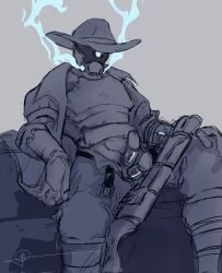 1boy 2022 2_penises ambiguous_gender artist_signature bandit_(risk_of_rain) bara belt blue_highlights clothed clothed_male cowboy cowboy_hat cyborg diphallia diphallism exhaust_vent fully_clothed gay grey_background hat helmet helmet_covering_face helmet_only highlights_(coloring) jacket jacket_open looking_at_viewer male male_only metallic_body modification multi_genitalia multi_penis open_pants penis risk_of_rain risk_of_rain_2 robot robot_humanoid robotic robotic_penis shotgun showing_penis sitting solo solo_male steam suggestive suggestive_pose unbuckled_belt