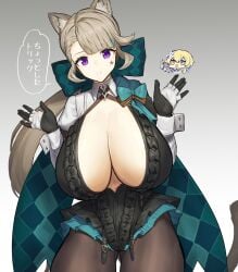 1girls big_breasts breasts cat_ears catgirl cleavage eyebrows_visible_through_hair genshin_impact grey_hair huge_breasts light-skinned_female looking_at_viewer lynette_(genshin_impact) melon22 purple_eyes tagme thick_thighs voluptuous