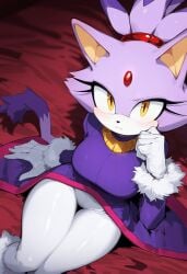 1girls ai_generated alternate_breast_size anthro big_breasts blaze_the_cat cat_ears cat_girl cat_tail catgirl feline female furry_female half_ringo large_breasts looking_at_viewer mobian_(species) purple_fur sega solo sonic_(series) yellow_eyes