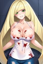 ai_generated blonde_hair blood blood_on_clothing blood_on_face civitai damaged_clothes green_eyes jeans long_hair lusamine_(pokemon) nipple_slip nipples pokemon ripped_clothing ripped_clothing tank_top tanktop white_tank_top