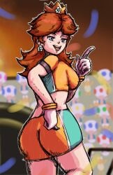 1girls artist_name ass ass_focus big_ass blue_eyes breasts brown_hair daisy&#039;s_hot_stuff_(trend) fat_ass female female_only gloves hand_on_hip highres index_finger_raised large_breasts legs looking_at_viewer looking_back mario_(series) mario_strikers midriff nintendo open_mouth orange_shorts pose posing princess_daisy seductive seductive_look seductive_smile sensual short_hair shorts sideboob smile soccer soccer_uniform solo sparkle sportswear thighs voluptuous