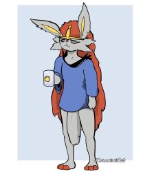 absurd_res anthro big_penis bullelewds cinderace clothing container cup gay generation_8_pokemon genitals grey_body hair hazby_o'neil hi_res male nintendo penis pokemon pokemon_(species) red_hair shirt solo topwear