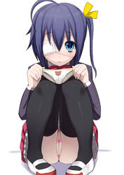 ahoge black_legwear blazer blue_eyes blue_hair blush bow censored chuunibyou_demo_koi_ga_shitai! eye_patch heart heart_censor holding holding_panties looking_at_viewer miyamoto_issa no_panties novelty_censor panties panties_removed plaid plaid_skirt pussy school_uniform shoes short_hair side_ponytail skirt solo squatting takanashi_rikka thighhighs underwear uwabaki zettai_ryouiki