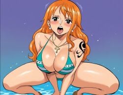 1girls ai_generated artist_request beach bikini cross_necklace female female_only nami nami_(one_piece) one_piece orange_hair post-timeskip randomran solo solo_female solo_focus