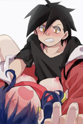 black_hair black_shirt blue_hair blush breast_mounds breasts breasts_before_face breasts_out breasts_upward earrings embarrassed erect_nipples ethan_(pokemon) face_beyond_breasts female hair_down hk_(nt) jewelry kris_(pokemon) lying open_mouth perky_nipples pokemon pokemon_adventures pokemon_gsc sex shirt_lift shy star star_earrings sweatdrop yellow_eyes